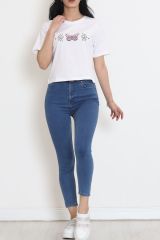 Baskılı Crop Tişört Beyaz - 16478.1567.