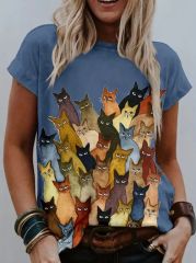 Kadın Kısa Kollu Bisiklet Yaka Kedi Baskılı Süprem Bluz