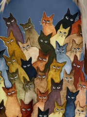 Kadın Kısa Kollu Bisiklet Yaka Kedi Baskılı Süprem Bluz