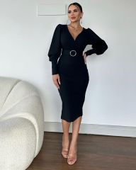 Kadın Uzun Kollu Kruvaze Yaka Kol Manşet Düğme Ve Kemer Detay Akrilik Midi Boy Elbise