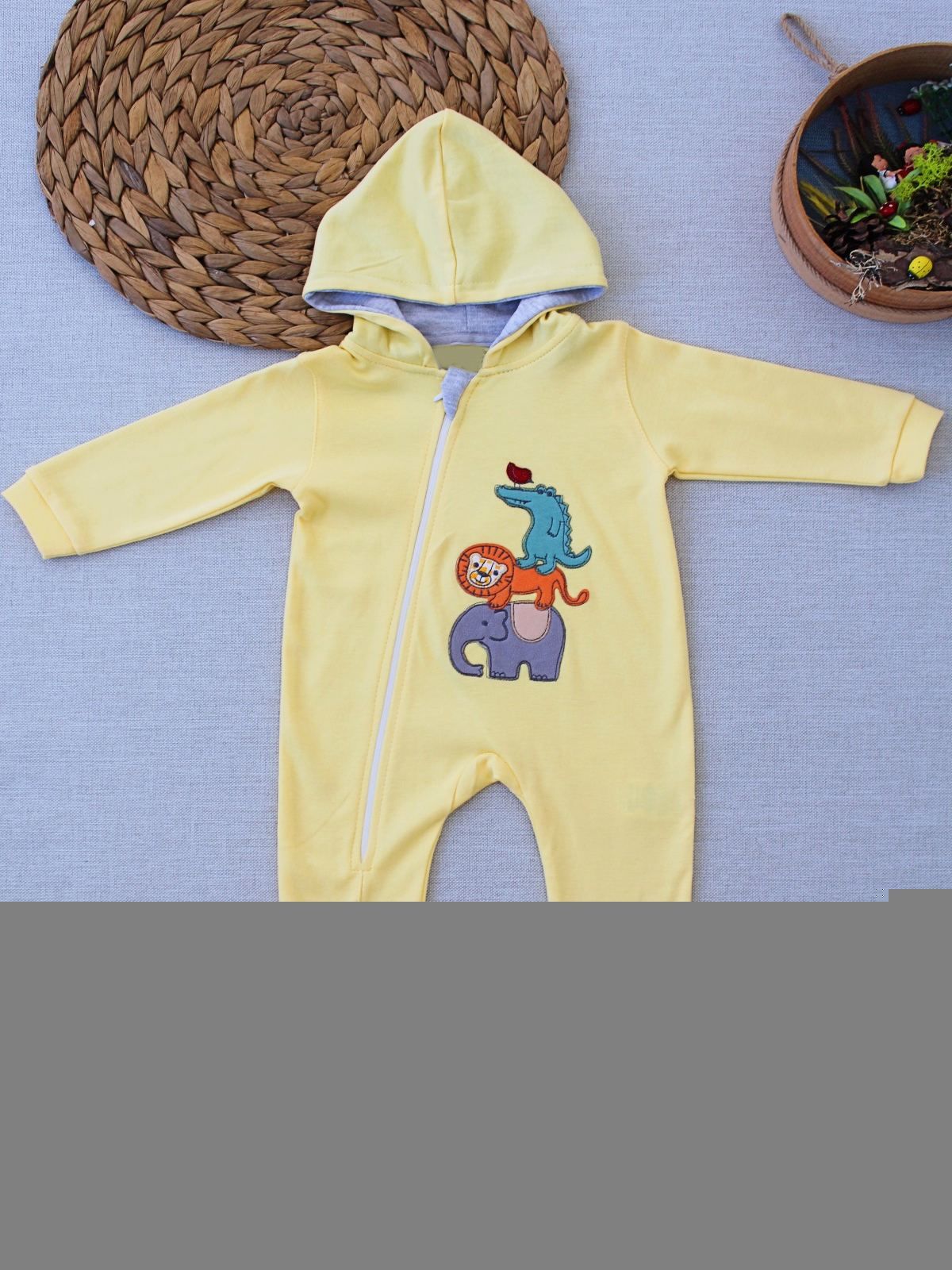6-9 9-12 Ay Ef Çizgi Boy Fermuarlı Hayvanlar Alemi Nakışlı Kapşonlu Kız Erkek Bebek Tulumu