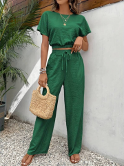 Kadın Kısa Kollu Crop Bluz Beli Lastikli Bol Paça Bürümcük Pantolon
