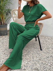 Kadın Kısa Kollu Crop Bluz Beli Lastikli Bol Paça Bürümcük Pantolon