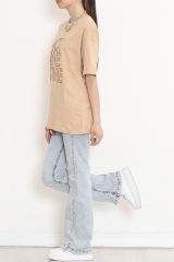 Baskılı Oversize Tişört Vizon - 16504.1567.