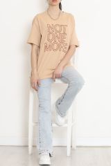 Baskılı Oversize Tişört Vizon - 16504.1567.