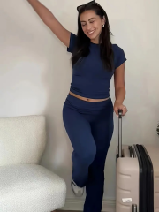 Kadın Kısa Kollu Bisiklet Yaka Alt Ispanyol Paça Viskon Ikili Takım