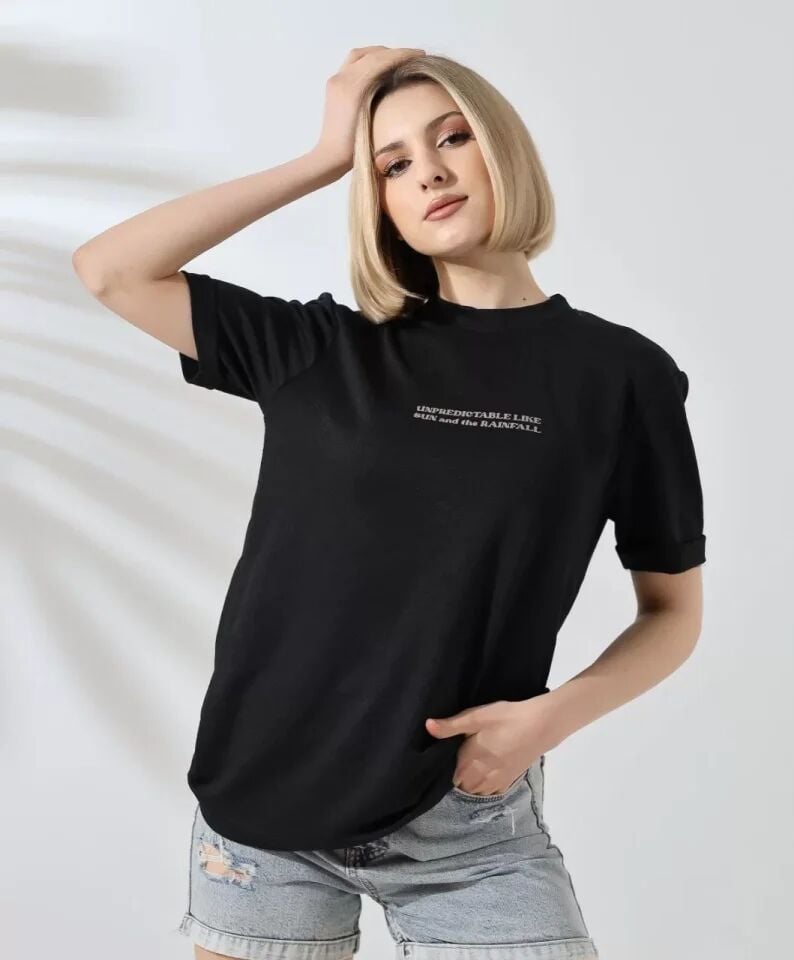 Unisex Bisiklet Yaka Baskılı Slim Fit T-Shirt - Siyah