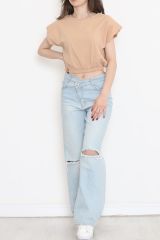 Beli Lastikli Crop Tişört Bej - 16552.1567.