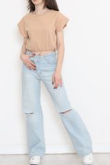 Beli Lastikli Crop Tişört Bej - 16552.1567.