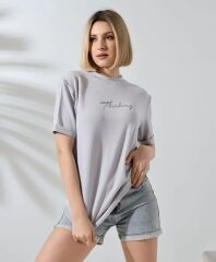 Unisex Bisiklet Yaka Baskılı Slim Fit T-Shirt - Boyalı Gri