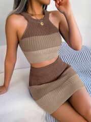 Kadın Kolsuz Halter Yaka Crop Ve Mini Etek Ikili Triko Takım
