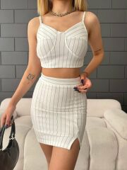 Kadın örme Krep Kumaş çizgili Etek Crop Ikili Takım