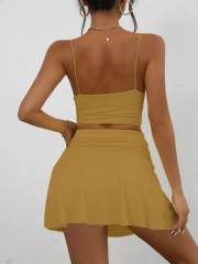 Kadın Kolsuz Askılı Crop Mini Etek Ikili Sandy Takım