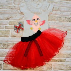9-12-18 Ay Toka Hediyeli Kuş Desenli Tişört Tütü Etek 2li Kız Bebek Takımı