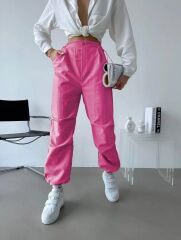 Paraşüt Kumaş Beli Lastikli Pantalon-Pembe