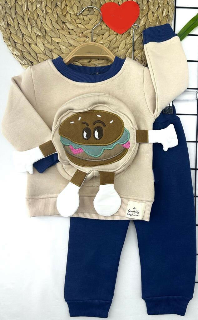 9-12-18-24 Ay Hamburger Figürlü Kendinden Çantalı 3 İp Kumaş 2li Kız Erkek Bebek Takımı