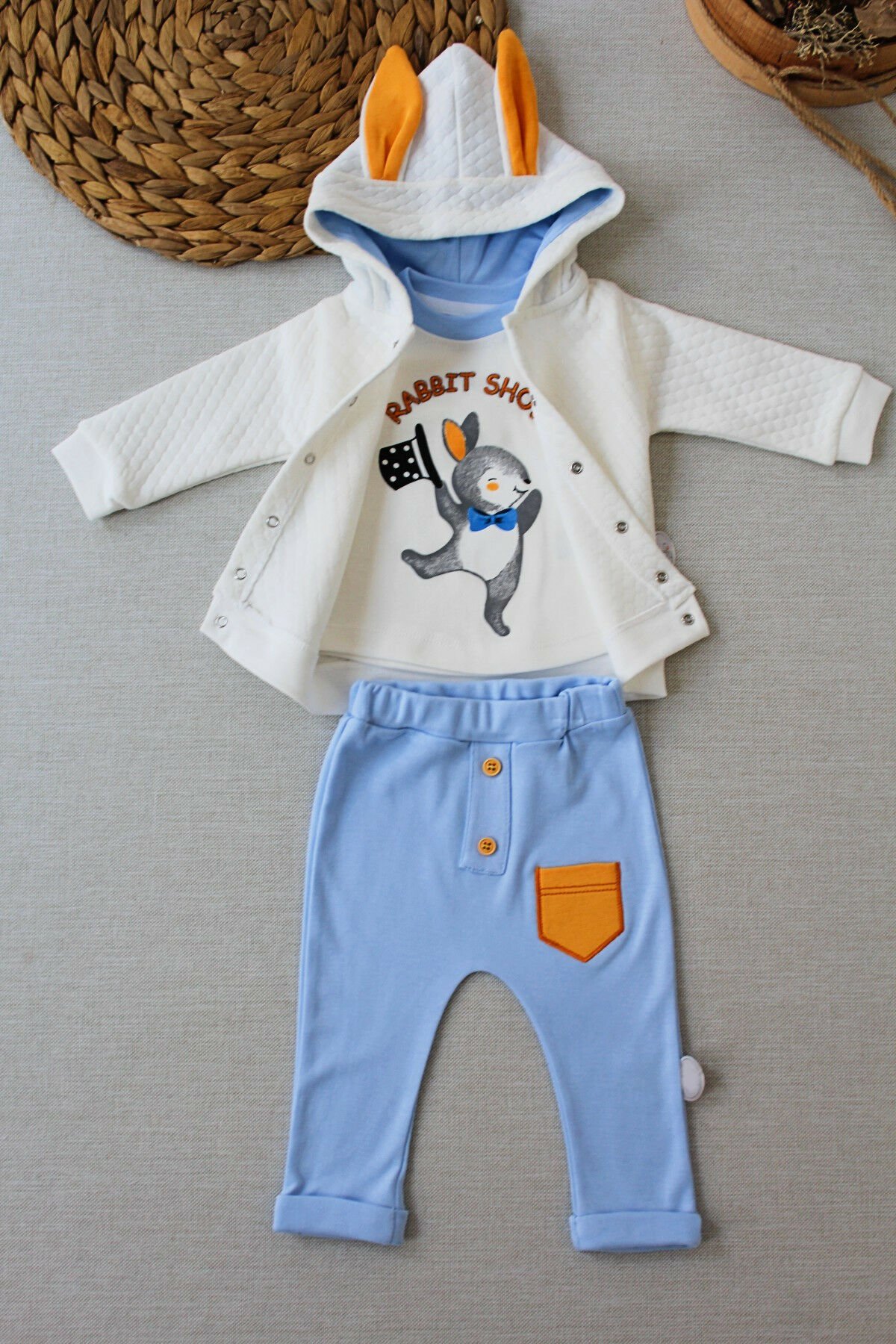 6-9-12 Ay Rabbit Şhow Nakışlı Kapşonlu Ceket Uzun Kollu Sweat Erkek Bebek 3lü Takım