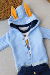 6-9-12 Ay Rabbit Şhow Nakışlı Kapşonlu Ceket Uzun Kollu Sweat Erkek Bebek 3lü Takım