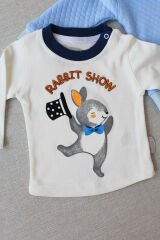 6-9-12 Ay Rabbit Şhow Nakışlı Kapşonlu Ceket Uzun Kollu Sweat Erkek Bebek 3lü Takım