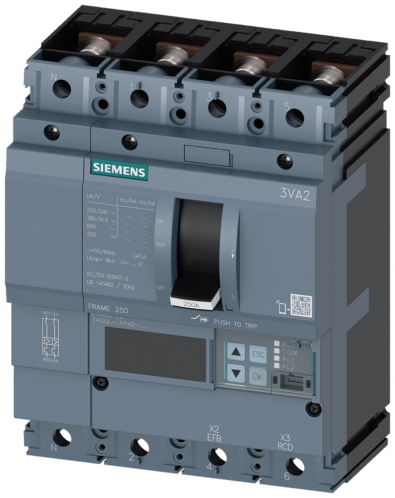 Siemens 3VA2225-6KP42-0AA0 SENTRON SERİSİ HABERLEŞME ÖZELLİKLİ KOMPAKT GÜÇ ŞALTERİ; 3VA22; 85kA; ETU850; 100-250A, 150-2500A; 4 KUTUPLU