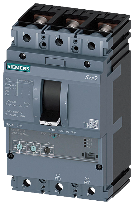 Siemens 3VA2225-6HL32-0AA0 SENTRON SERİSİ KOMPAKT TİP GÜÇ ŞALTERİ;3VA22,85kA,250 A,ETU320, LI korumalı,3 KUTUPLU