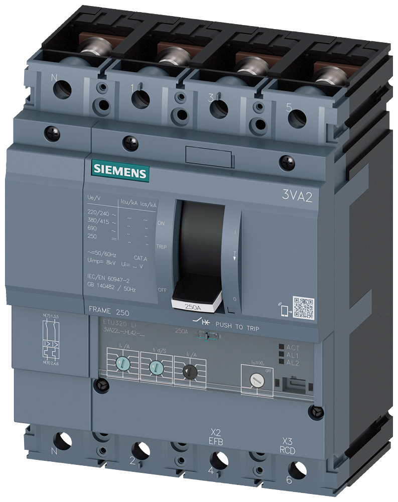 Siemens 3VA2225-5HL42-0AA0 SENTRON SERİSİ KOMPAKT TİP GÜÇ ŞALTERİ;3VA22,55kA,250 A,ETU320, LI korumalı,4 KUTUPLU