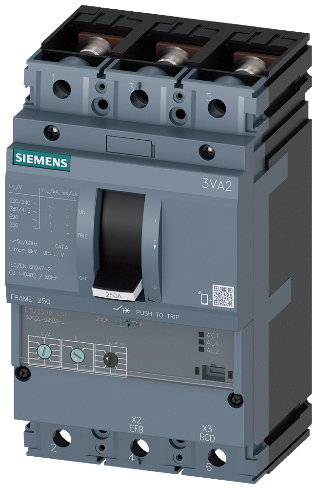 Siemens 3VA2216-5MN32-0AA0 SENTRON SERİSİ KOMPAKT TİP ELEKTRONİK AÇTIRICILI MOTOR KORUMA GÜÇ ŞALTERİ; 3VA2; 55kA; 160A; LSI FONKSİYONLU, 3 KUTUPLU