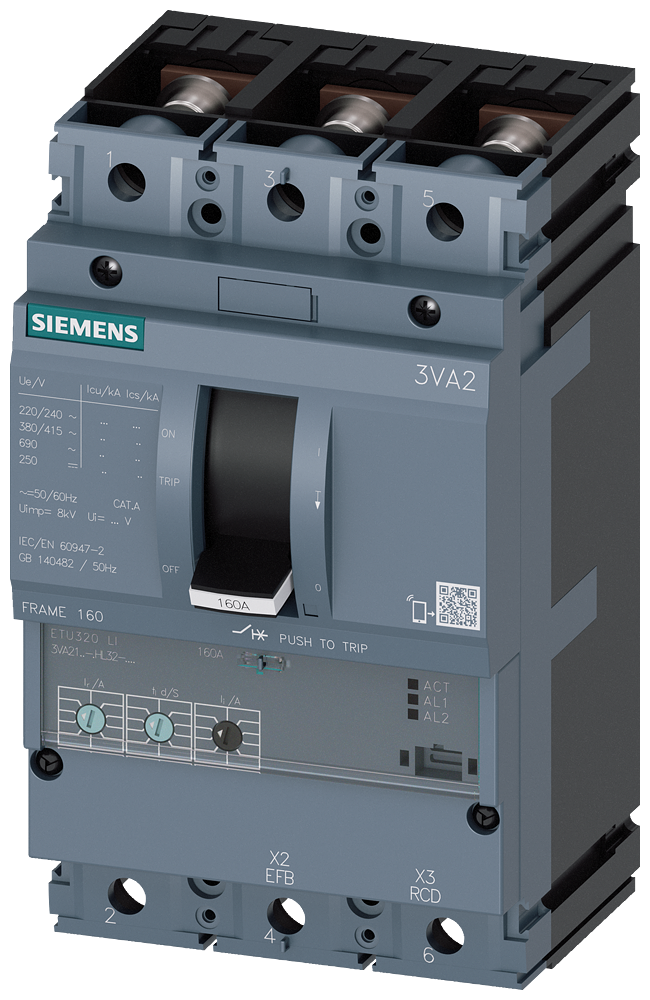 Siemens 3VA2163-5HL32-0AA0 SENTRON SERİSİ KOMPAKT TİP GÜÇ ŞALTERİ;3VA21,55kA,63 A,ETU320, LI korumalı,3 KUTUPLU