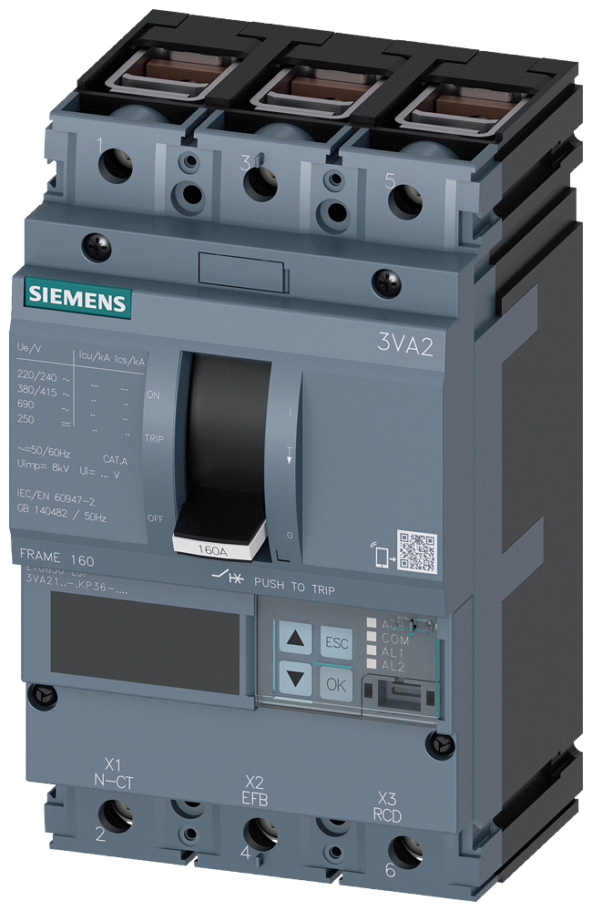 Siemens 3VA2116-6KP36-0AA0 SENTRON SERİSİ HABERLEŞME ÖZELLİKLİ KOMPAKT GÜÇ ŞALTERİ; 3VA21; 85kA; ETU850; 63-160A, 96-1600A; 3 KUTUPLU