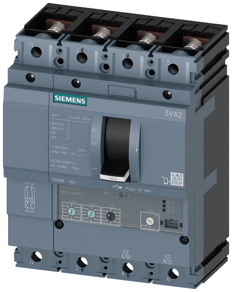 Siemens 3VA2116-5HL42-0AA0 SENTRON SERİSİ KOMPAKT TİP GÜÇ ŞALTERİ;3VA21,55kA,160 A,ETU320, LI korumalı,4 KUTUPLU