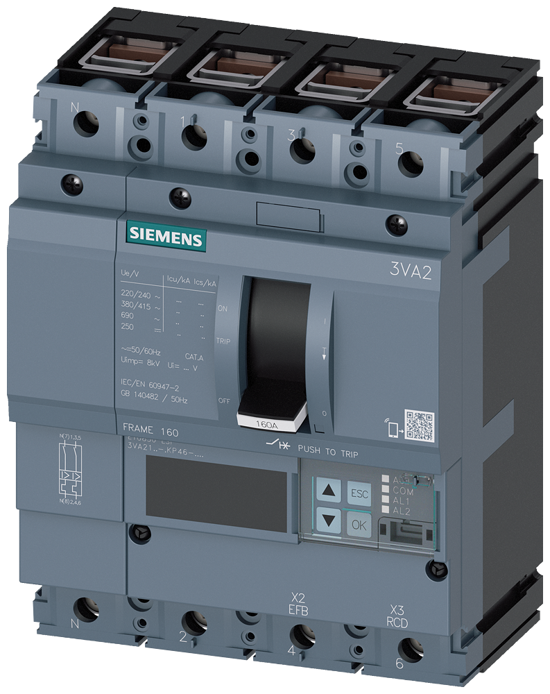 Siemens 3VA2110-5KP46-0AA0 SENTRON SERİSİ HABERLEŞME ÖZELLİKLİ KOMPAKT GÜÇ ŞALTERİ; 3VA21; 55kA; ETU850; 40-100A, 60-1000A; 4 KUTUPLU