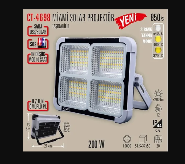 CATA AYDINLATMA  Solar Led 200wTaşınabilir & Portatif, Şarjlı solar projektör Powerbank Özellikli CT-4698