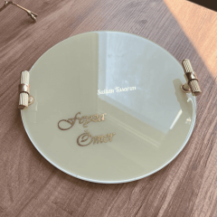 Krem Renk Yuvarlak İki Kişilik Söz Nişan Damat Epoksi Sunum Tepsi - 24 Cm Çap