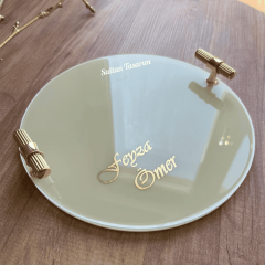 Krem Renk Yuvarlak İki Kişilik Söz Nişan Damat Epoksi Sunum Tepsi - 24 Cm Çap