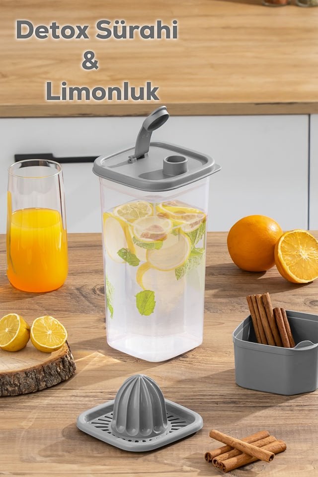 Porsima 1110 Sızdırmaz Kapaklı Detoks Sürahi - Matara & Limonluk, Şerbetlik, Suluk -Şeffaf Gri 1,5L