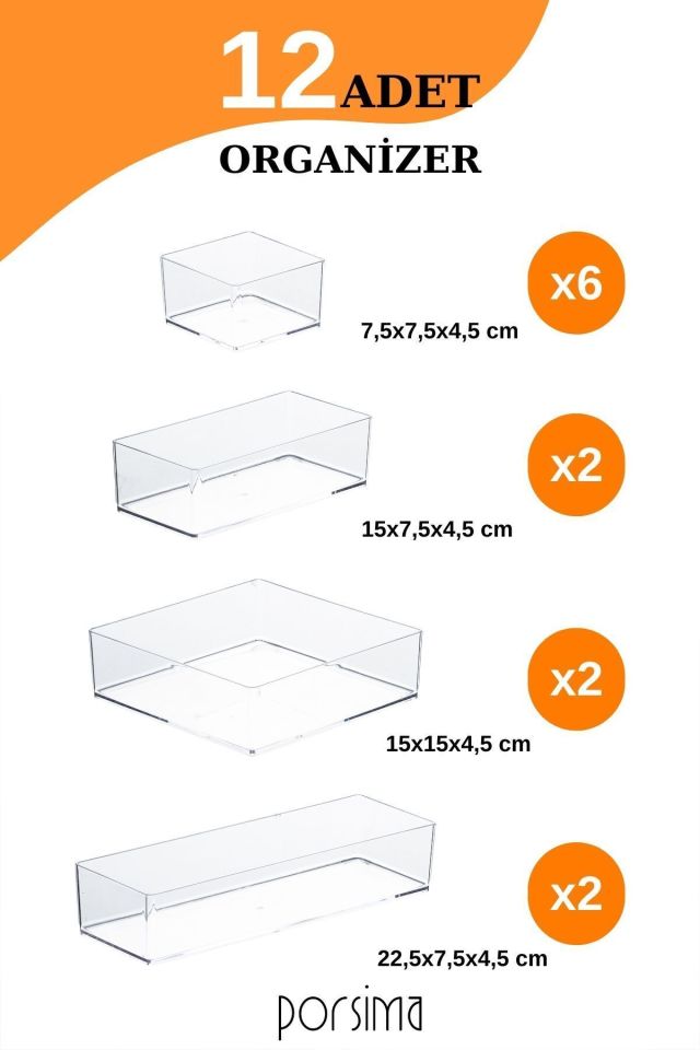 Porsima G-216 Sabrina 12 Li Takı Aksesuar Düzenleyici Kutu - Çok Amaçlı Çekmece Içi Takı Organizer Şeffaf