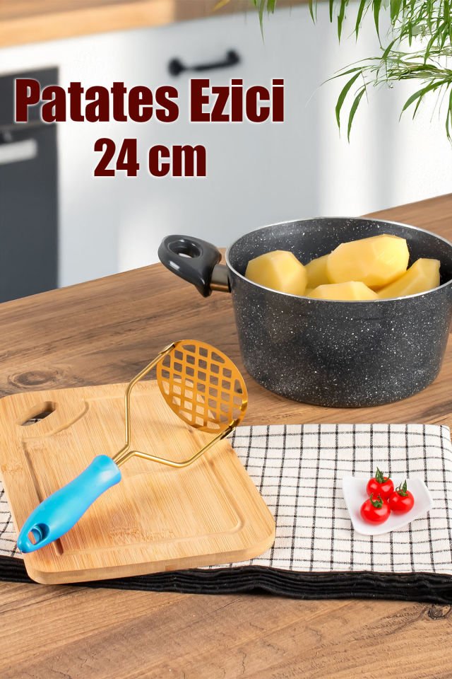 Porsima Patates Ezici Paslanmaz Metal Patates Ezici Püre Yapıcı Renkli Patates Ezeceği 24cm - Mavi