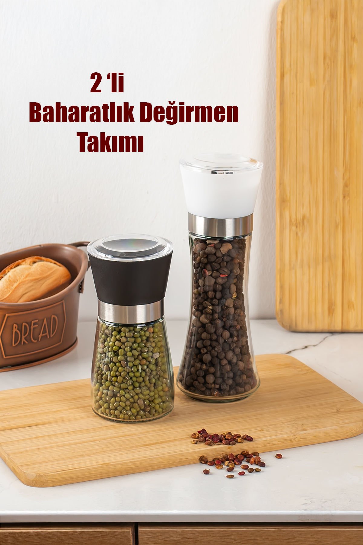 Porsima 2li Baharat Öğütücü Cam Değirmen Baharat Değirmeni El Değirmeni Tuz Karabiber Öğütücü Baharatlık