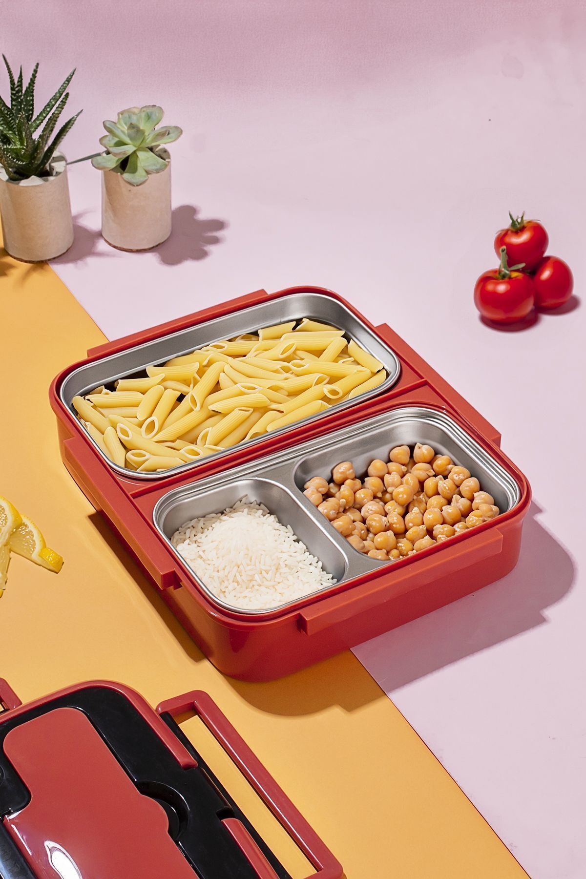 Porsima 1392-2 Çelik 3 Bölmeli Yemek Termosu Beslenme Kutusu Lunchbox Sefer Tası-KIRMIZI