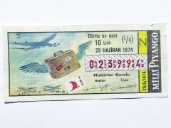 29 Haziran 1974 Dörtte bir bilet - Türk Hava Yolları temalı, piyango bileti