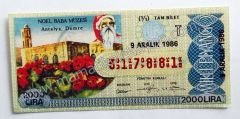 9 Aralık 1986 Tam bilet - Milli Piyango Bileti Antalya, Demre, Noel Baba Müzesi - Efemera