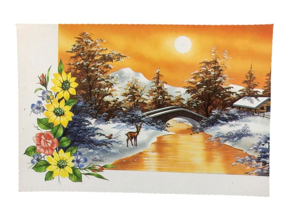 Kar temalı tebrik kartı - 1980'li yıllara ait kartpostal / Arkası yazısız