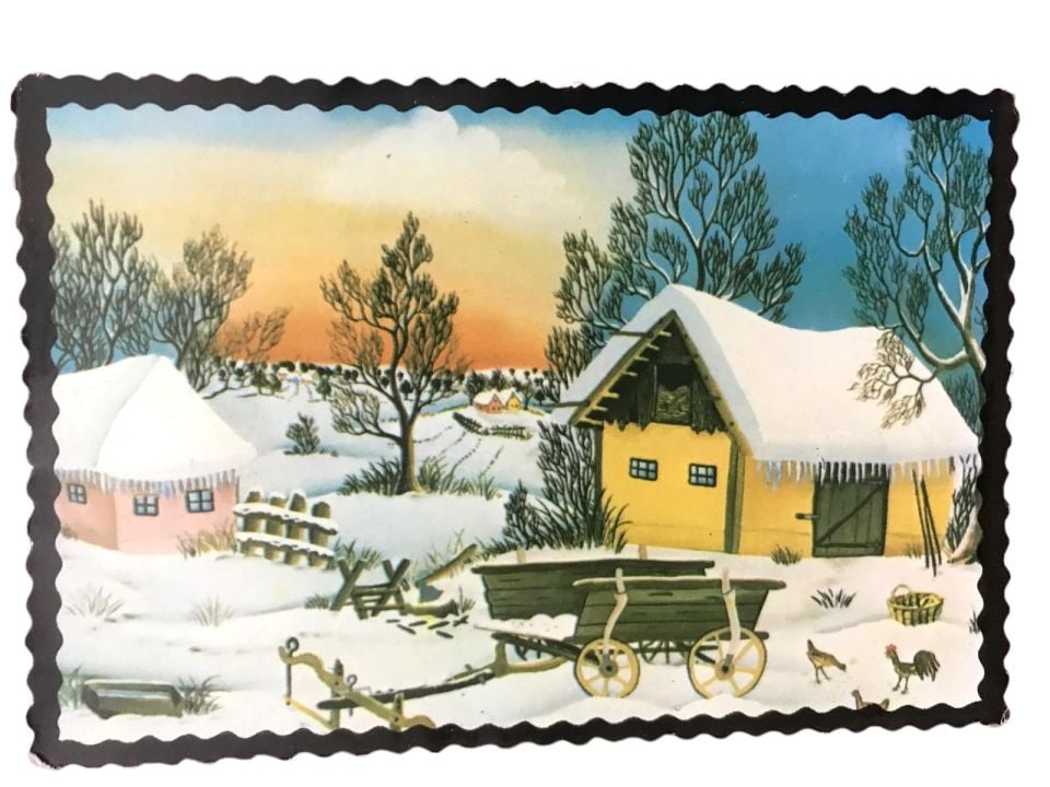 ''Karda köy manzarası''  tebrik kartı - 1980'li yıllara ait kartpostal / Arkası yazısız