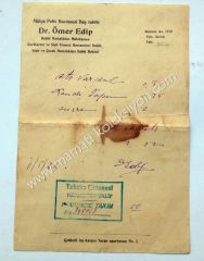 Mülga Polis Hastanesi Baş Tabibi Ömer EDİP - 1934 tarihli reçete Hukuk, Tıp Eczacılık Efemeraları Taksim eczanesi kaşeli - Efemera