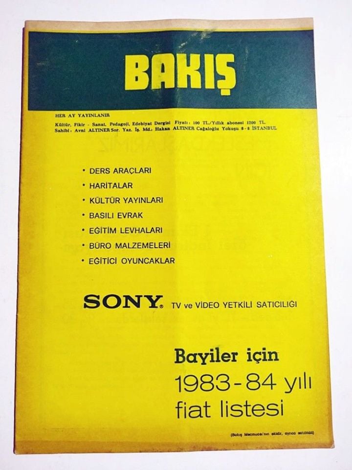 Sony Bayiler için, 1983 - 84 yılı fiyat listesi / Bakış aylık Kültür Sanat Dergisi