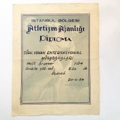 İstanbul Bölgesi Atletizm ajanlığı - Diploma Spor Efemeraları, Atletizm Türk Yunan Enternasyonal müsbakaları - Efemera
