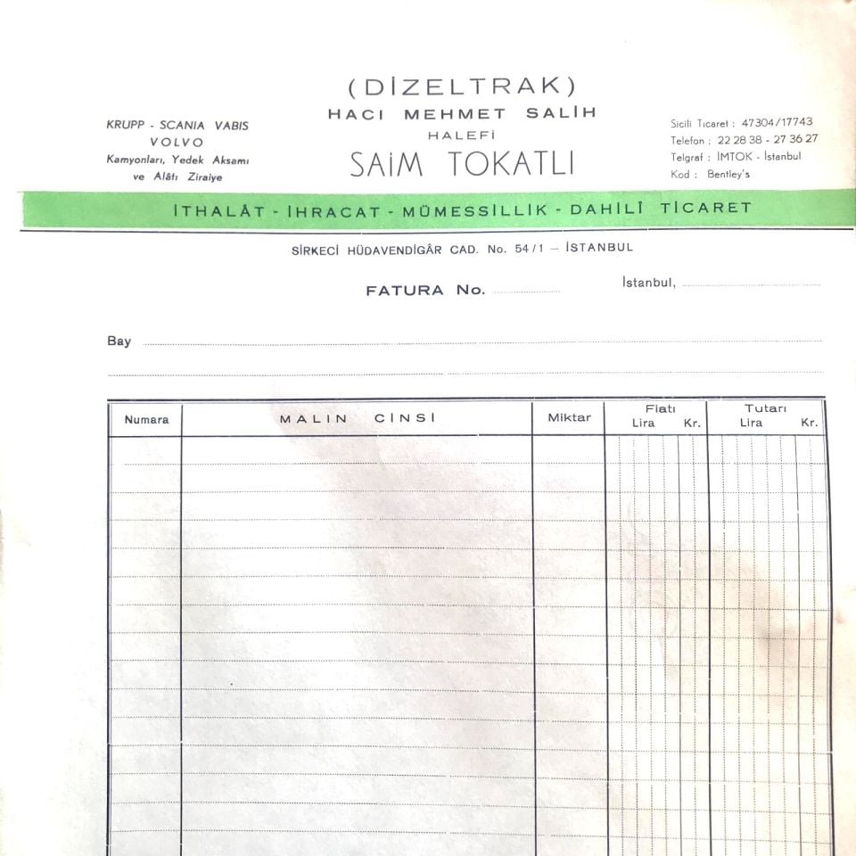 Dizeltrak Hacı Mehmet Salih Halefi Sami TOKATLI - Krupp, Scania, Vabis, Volvo / Fatura