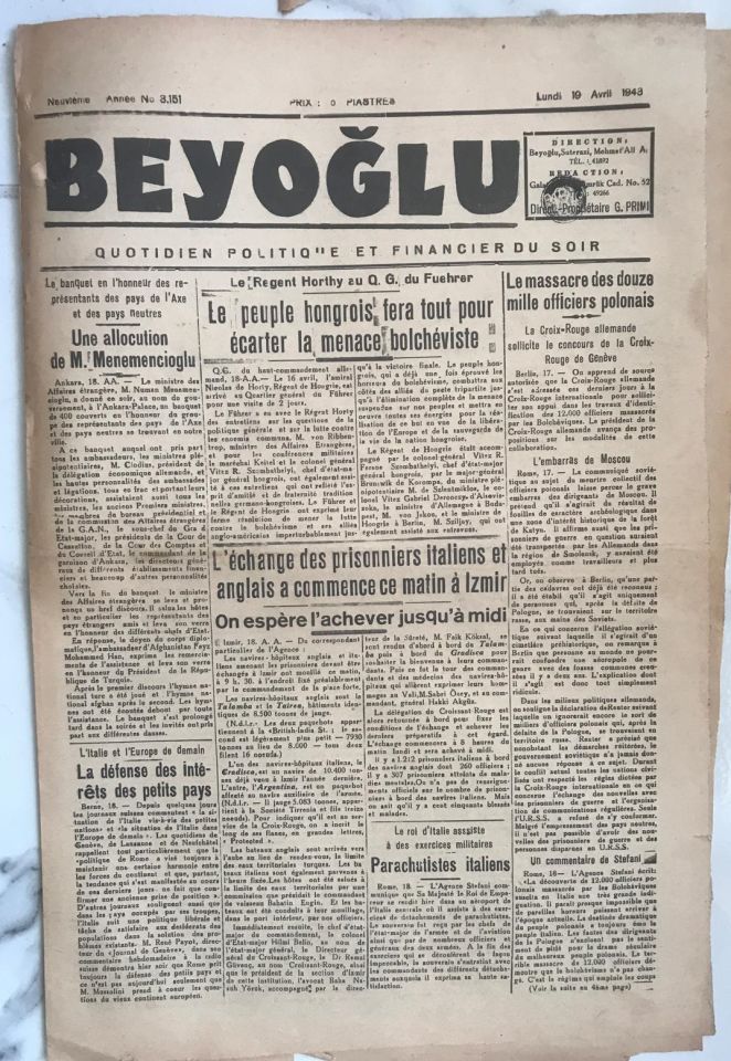Beyoğlu Gazetesi - 19 Avril 1943 / Eski gazeteler