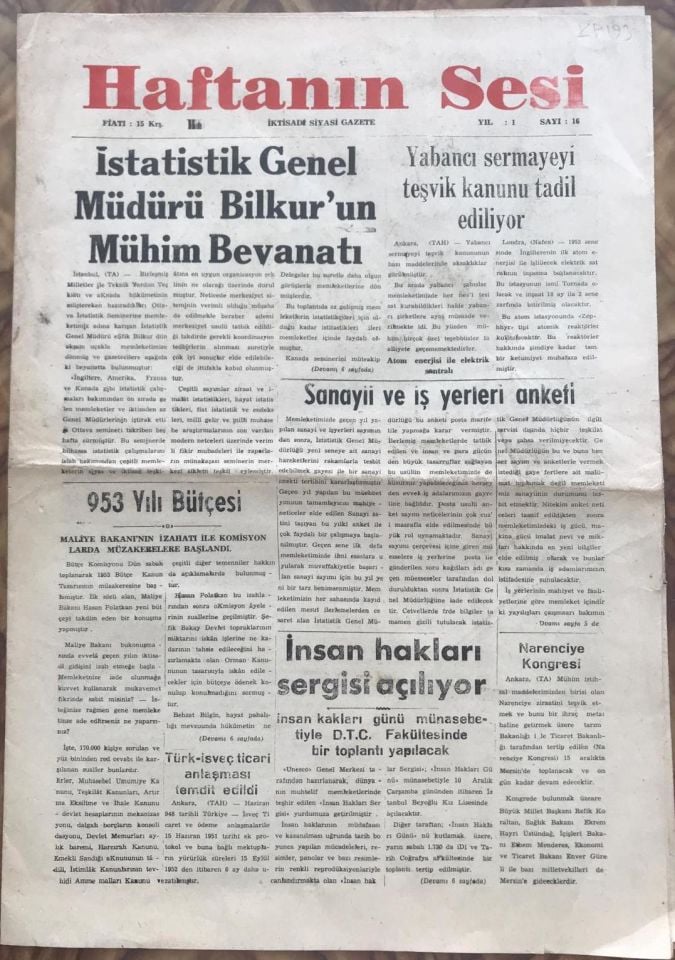 Haftanın Sesi gazetesi - Yıl:1 Sayı:16 / 10 Aralık 1952 - Eski Gazete
