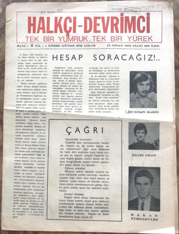 Halkçı Devrimci - Tek bir yumruk tek bir yürek - 15 Nisan 1976 / Eski Gazete